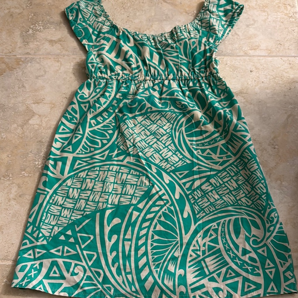 Girls' Teal and Cream Printed Summer Dress